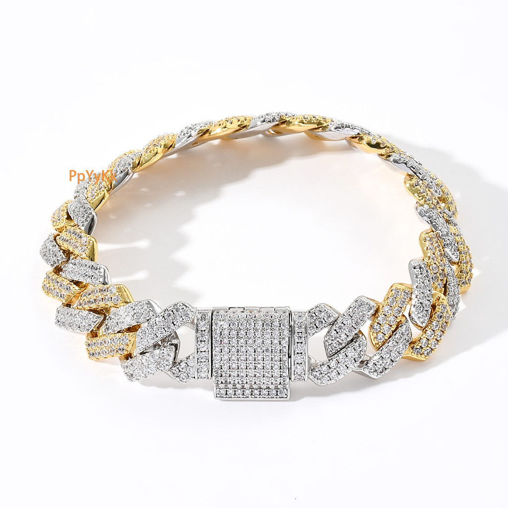 14mm Iced Out Luxury Bar Shaped Cuban Link Chain Moissanite Bling Men's Bracelet Platinum Real Gold Two Tone Pass the diamond tester