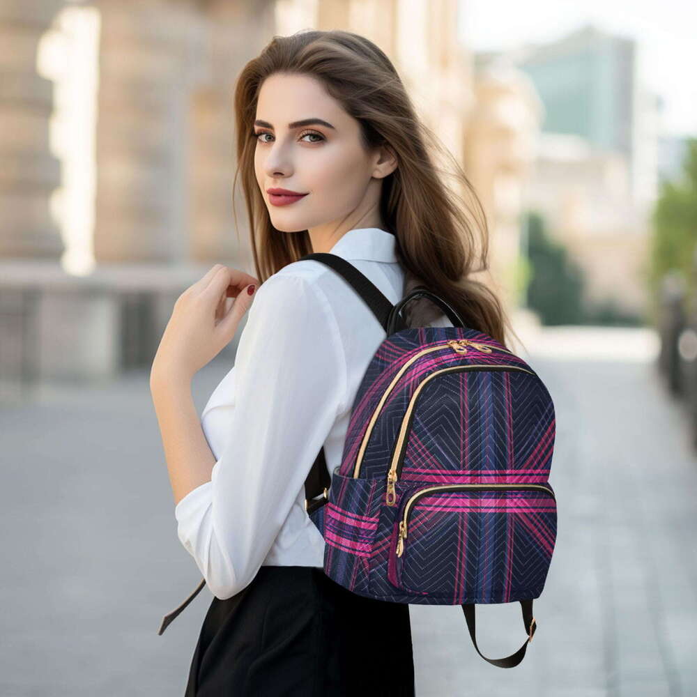 Blue and Red Diagonal Plaid Quilted Backpack Fashion Daypack Commuter Bag for Women 8.5 L