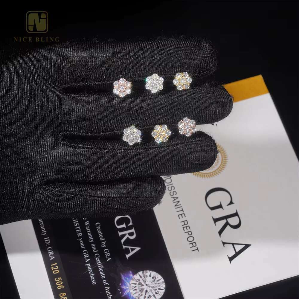 Pass Diamond Tester Flower Design Ice Out VVS Moissanite Stud Earring 925 Sterling Silver Diamond Ear Studs for Men Women