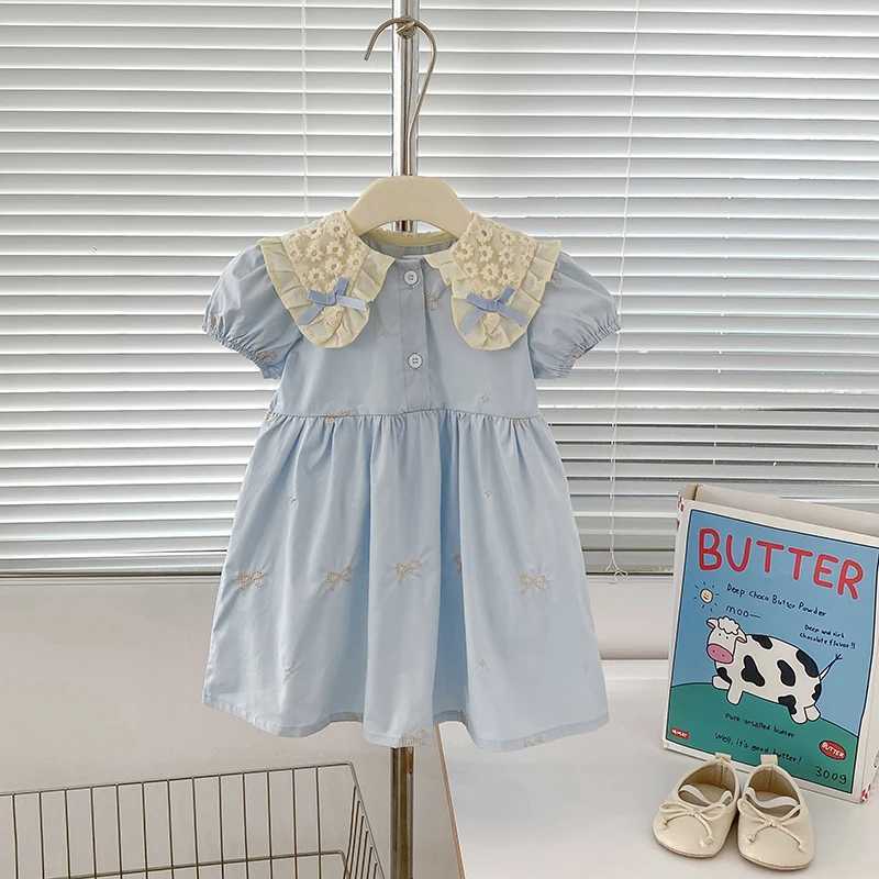1-6Y Girls Bow Princess Dresses New Summer Baby Dress Puff Sleeve Embroidery Petal Collar Toddler Kids Cotton Cute Party Dress R250707