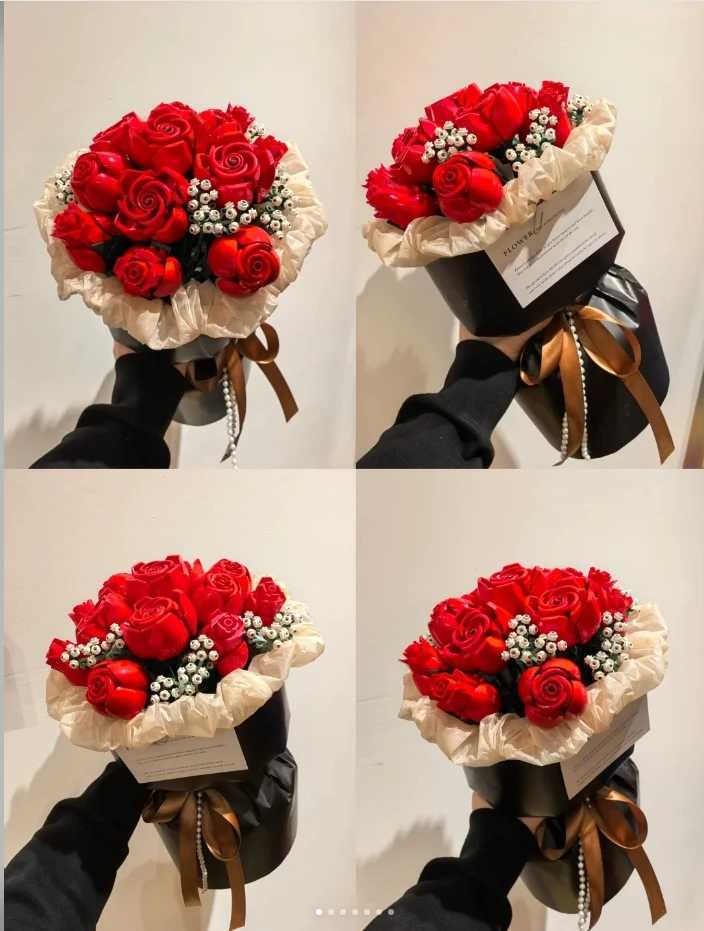 Romantic Rose Flower Bouquet Building Blocks Creative Home Desk Plant Decoration Assemble Bricks Toys for Gifts Girls Lady Y250627