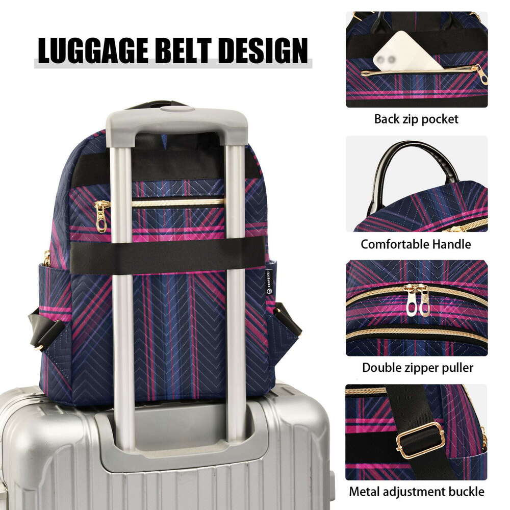Blue and Red Diagonal Plaid Quilted Backpack Fashion Daypack Commuter Bag for Women 8.5 L