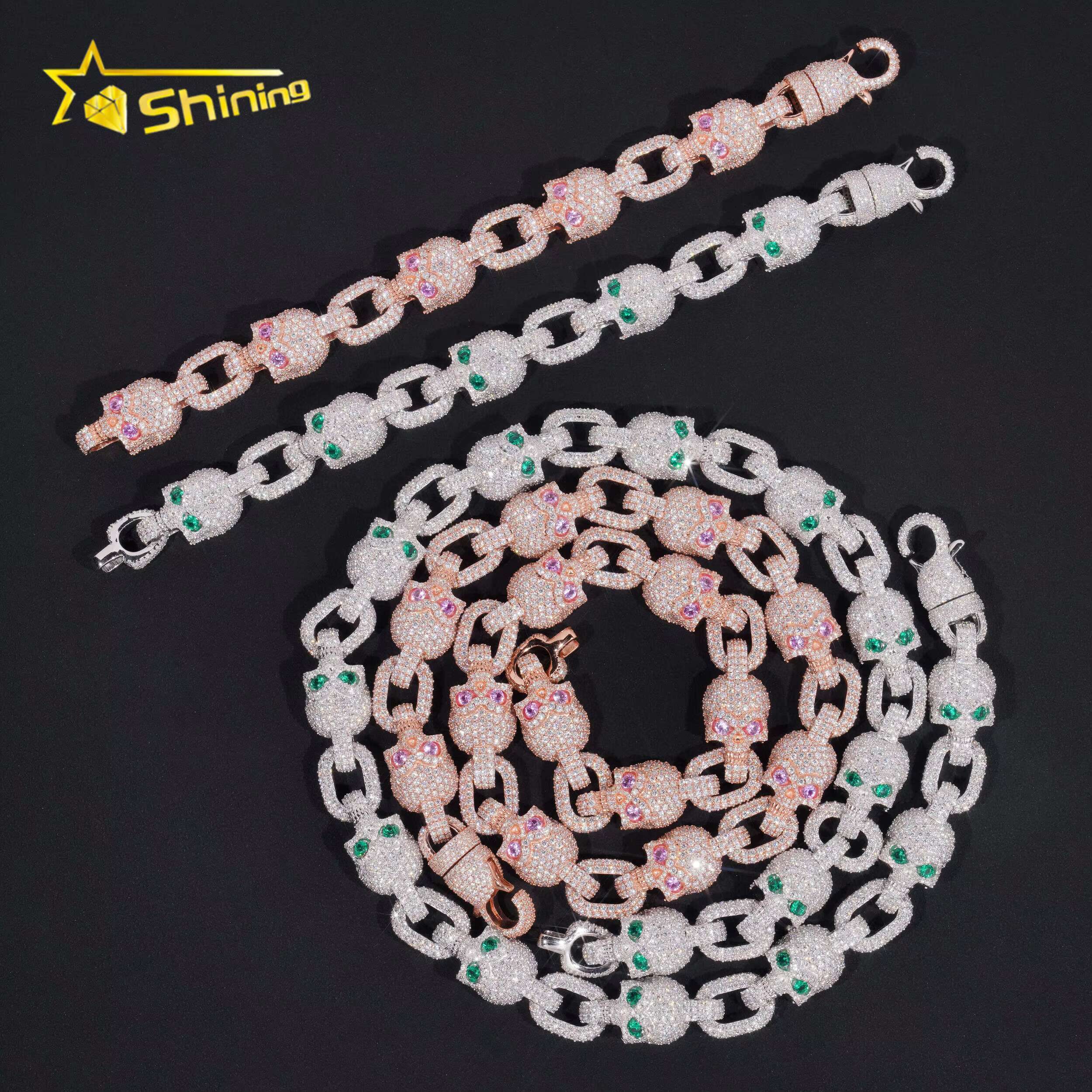 Bling Hip Hop Jewelry 15mm Solid 925 Sterling Silver Gold Plated GRA Custom Skull Iced Out Moissanite Cuban Link Chain Bracelet