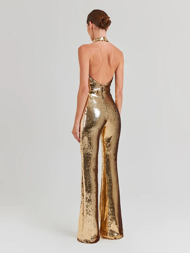 Womens Sleeveless Gold Sequin Jumpsuit Sexy V Neck Sparkle Sequined High Waist Wide Leg Pants Jumpsuit Celebrity Evening Party 250624