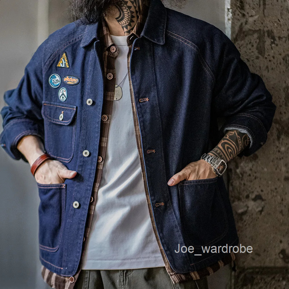 Maden Vintage Embroidered Badge 128oz Heavyweight Denim Jacket Washed Lapel Casual Outerwear for Men Spring and Fall Chore Coat