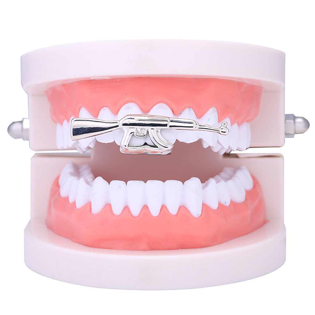 Halloween Hip Hop 18k Gold Plated AK47 Rifle Design Grillz Premium Trendy Rapper Costume Accessories Pass the diamond tester