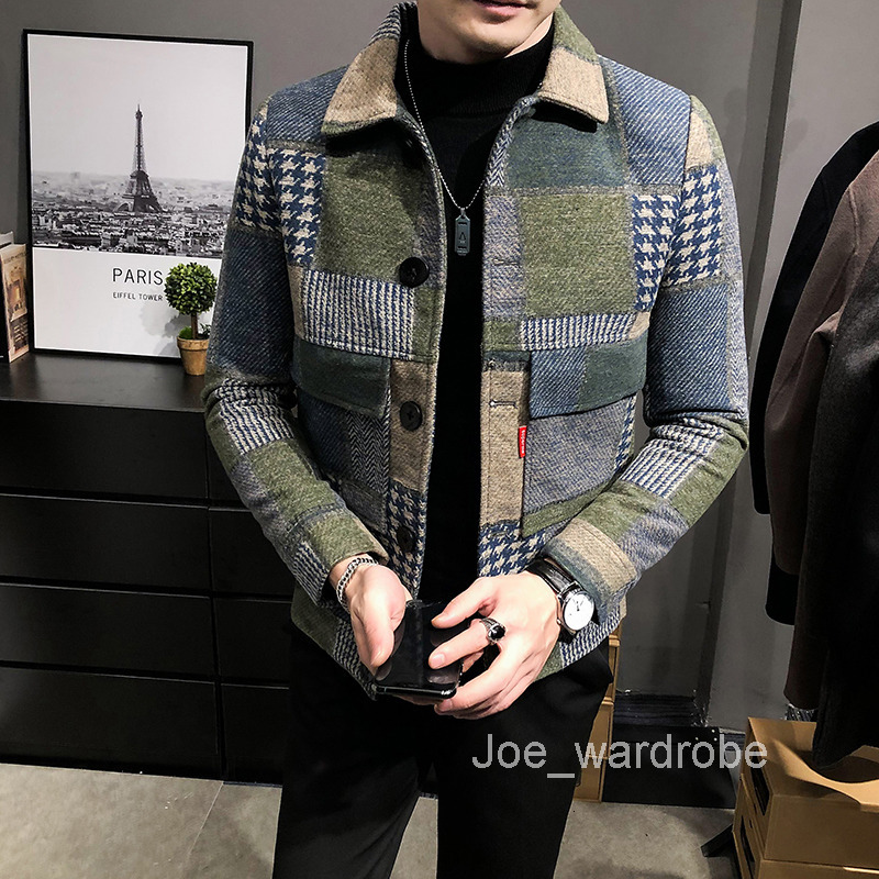 Mens Jackets Hombre Korean Casual Men Stitching Slim Fashion Warm Longsleeved Plaid Gentleman Pockets Coat S3XL