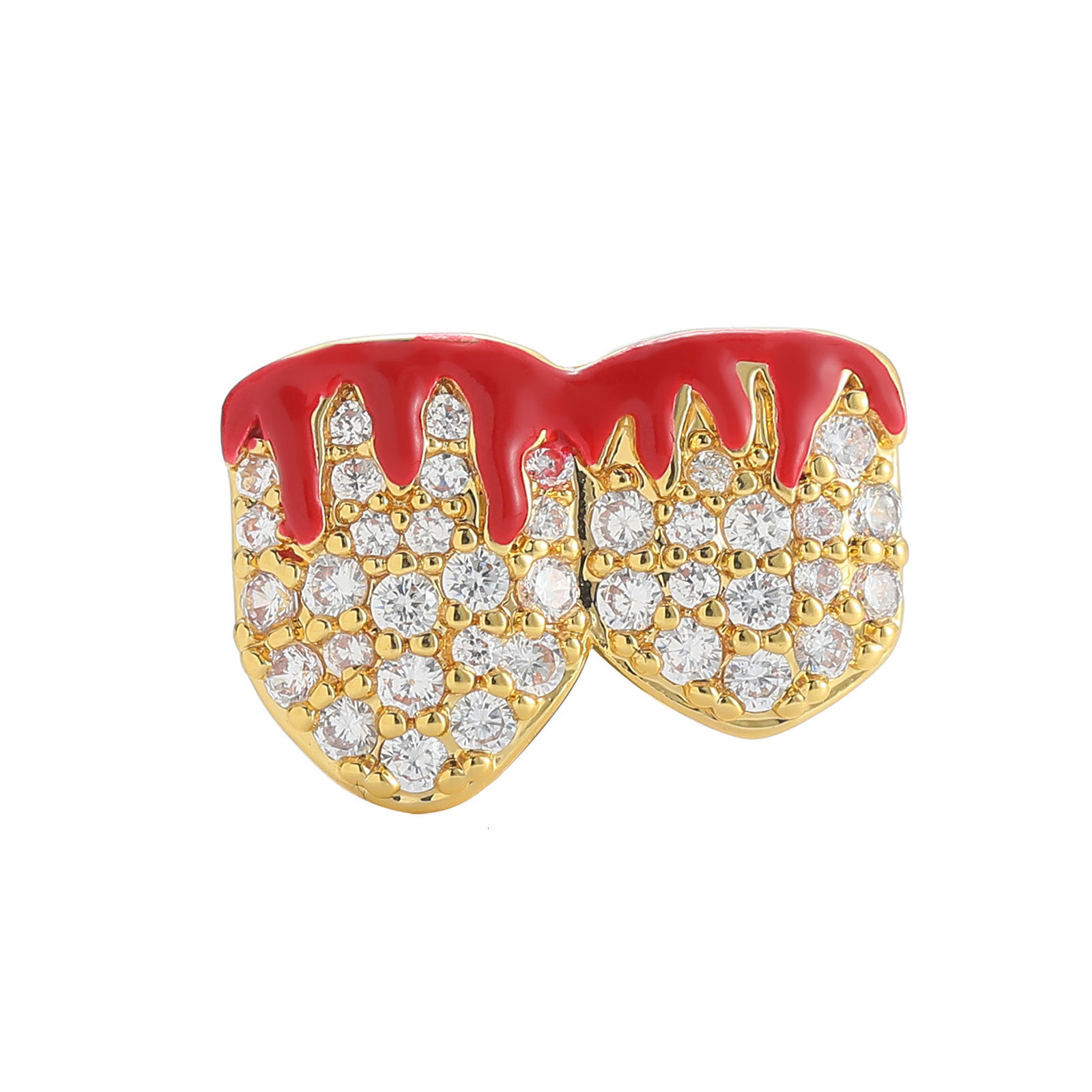 New Arrival 2-teeth Flame Pattern Diamond-encrusted Gold Grillz Halloween Hot Trendy Full-iced Luxury Tooth Accessories