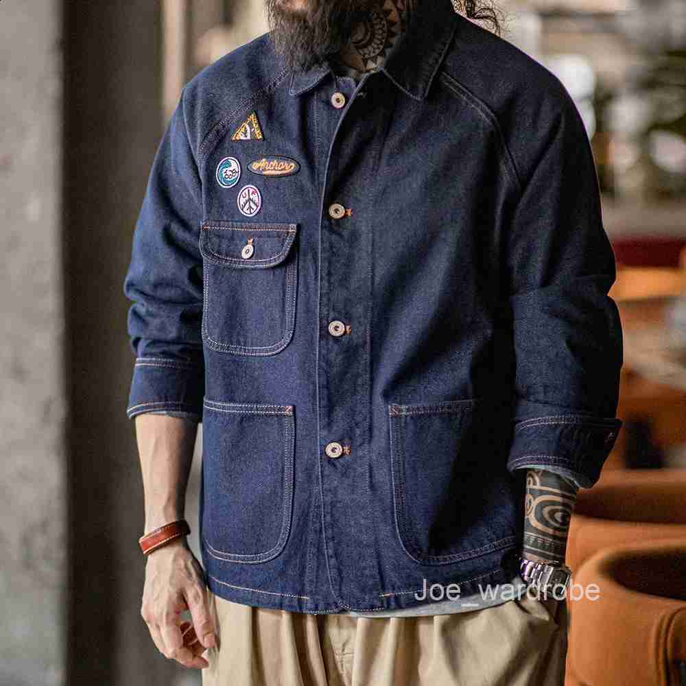 Maden Vintage Embroidered Badge 128oz Heavyweight Denim Jacket Washed Lapel Casual Outerwear for Men Spring and Fall Chore Coat