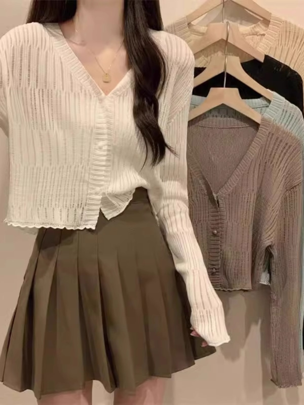 K1164 White V-neck hollow sunscreen ice silk knitted cardigan jacket women's summer shawl suspenders outerwear short top