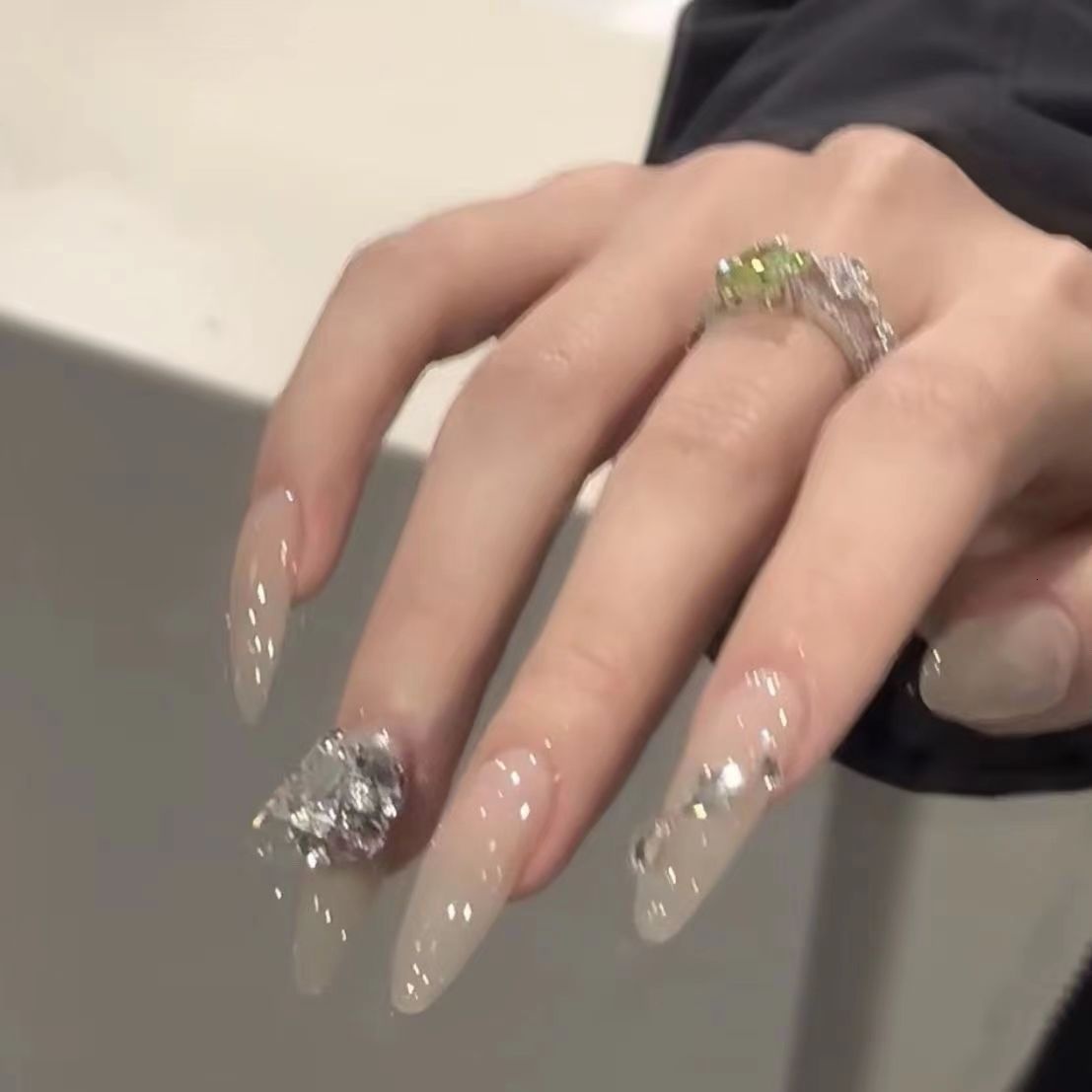 Cool Sensation Ice Transparent Gray Inlaid Diamond Stickers Gentle Temperament Style Wearable Nail Pieces Detachable Finished Products