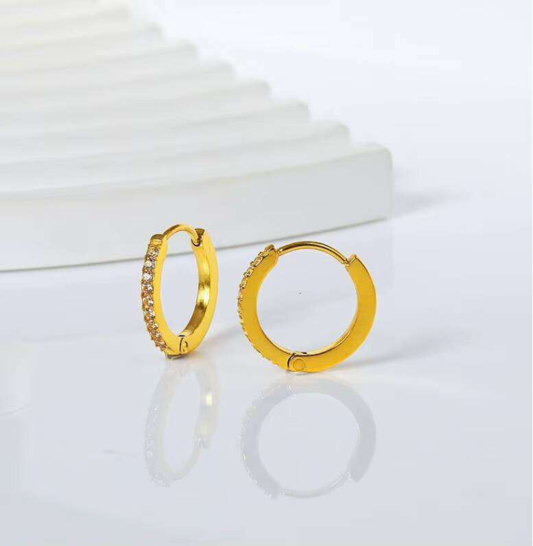 Simple Korean Fashion Trendy High Sense Stainless Titanium Steel Plain Hoop Earrings Zircon Inlay Dia Gold Jewelry