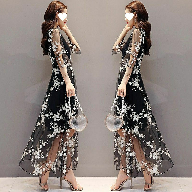 Summer Self Portrait Runway Dress Women Floral Embroidery Sequined Long es Mesh Vacation Beach Vestidos 210506