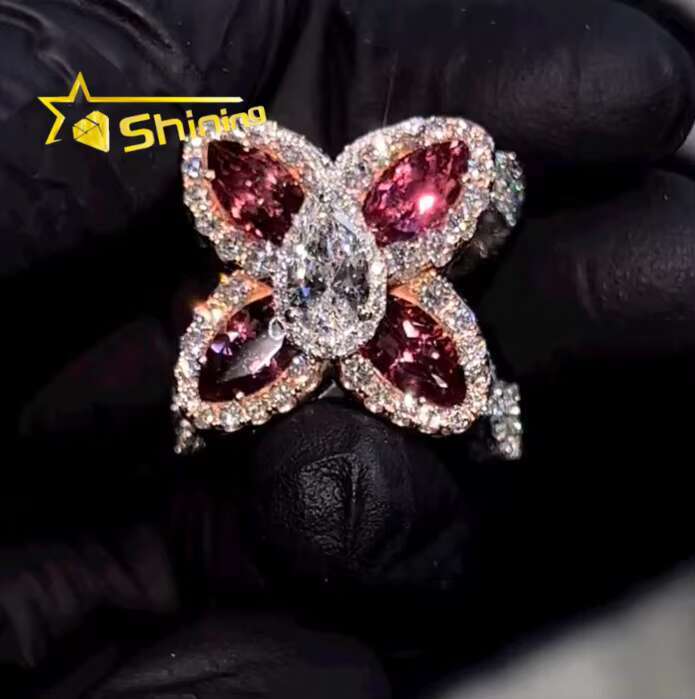Custom Made New Arrivals Hip Hop Jewelry 925 Silver Colorful Diamond Clover VVS Moissanite Diamond Custom Ring for Men Women