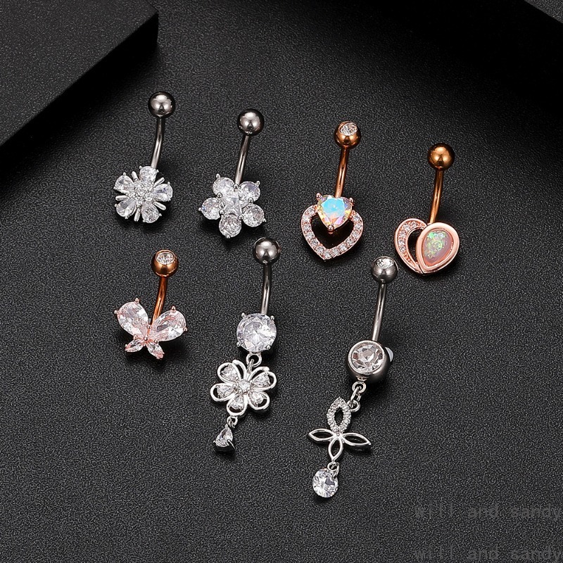 Anti Allergy Stainless Steel Bell Button Ring Crystal Zirconia Flower Heart Butterfly Chain Navel Belly Rings Body Piercing Jewelry for Women Summer J