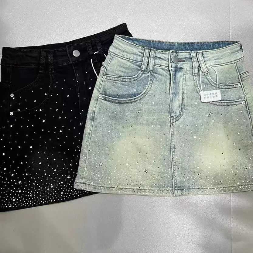 Retro Rhinestone Sequin Denim Shorts Womens Y2K Skirt Gothic Hip Hop Retro Loose Denim Shorts Casual High Waist Slim Mini Skirt L250903
