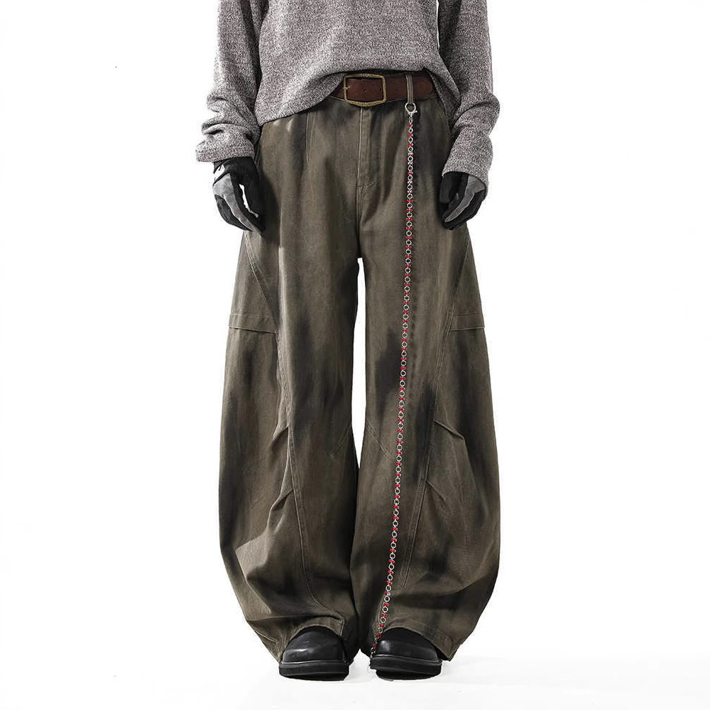 Designer Men's Jeans, Washed Retro Curved Knife Jeans, Men's Fashionable Loose Multi-functional Wide-leg Casual Work Pants, Men's Loose