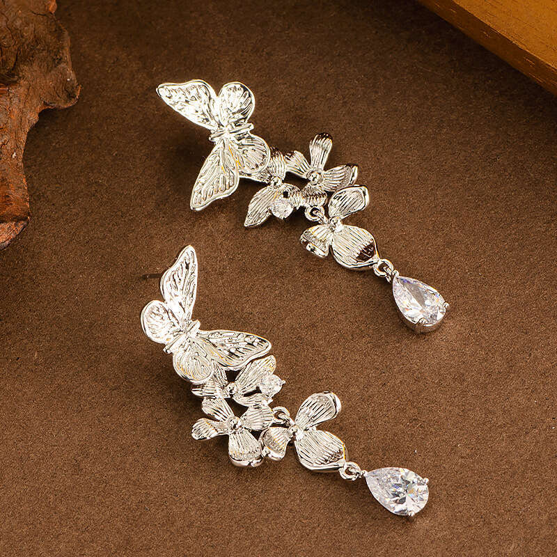 Unique Exquisite Design Long Butterfly Flower Tassel Earrings for Women Light High-end Sense Face Slimming Sier Needle Ear Jewelry - view 5