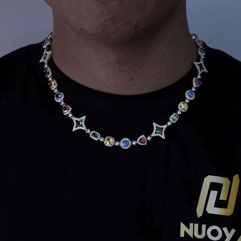 2025 High Quality Hip Hop Brass Jewelry Colorful Iced Out Star Diamond Zircon Gemstones Necklace for Women Men Gift Cuban Chain