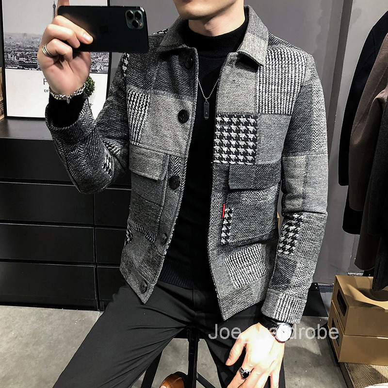 Mens Jackets Hombre Korean Casual Men Stitching Slim Fashion Warm Longsleeved Plaid Gentleman Pockets Coat S3XL