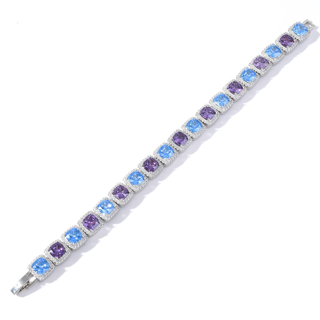 10MM Square Colorful Blue-Purple Moissanite Iced Out Hip Hop Men's Bracelet Bling Chain Crystal Design Passes the Diamond Tester