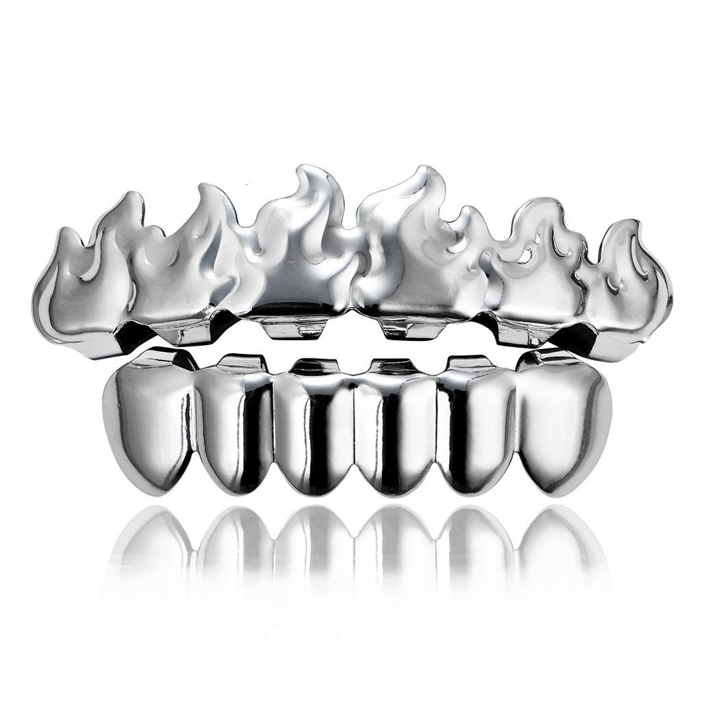 18K Gold Hip Hop Flame Iced Out Grillz Vampire Fangs Halloween Body Accessory Rapper Costume Accessories