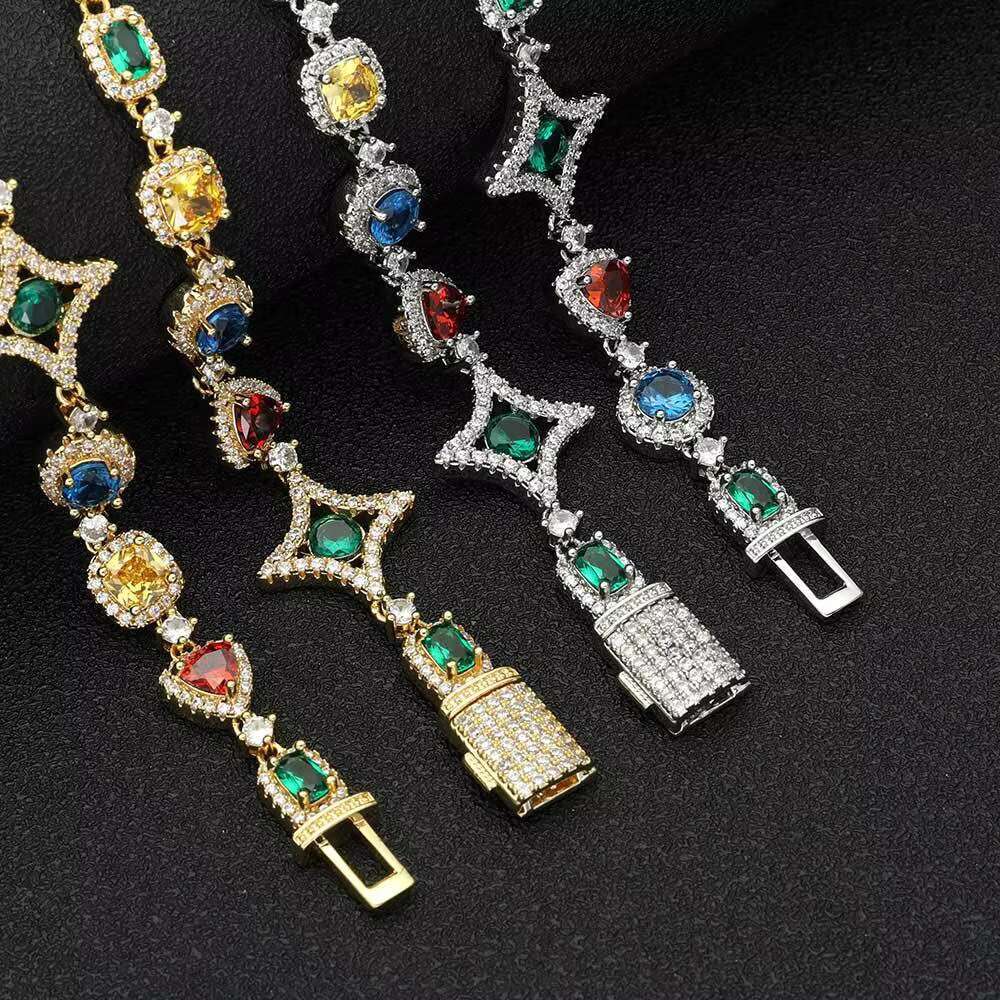 2025 High Quality Hip Hop Brass Jewelry Colorful Iced Out Star Diamond Zircon Gemstones Necklace for Women Men Gift Cuban Chain