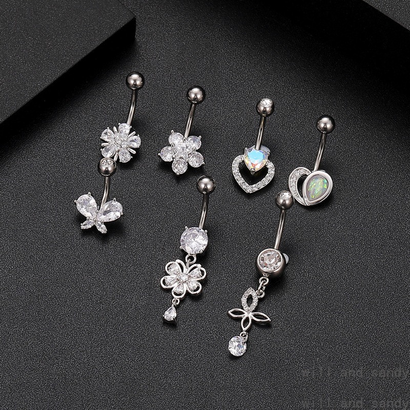 Anti Allergy Stainless Steel Bell Button Ring Crystal Zirconia Flower Heart Butterfly Chain Navel Belly Rings Body Piercing Jewelry for Women Summer J