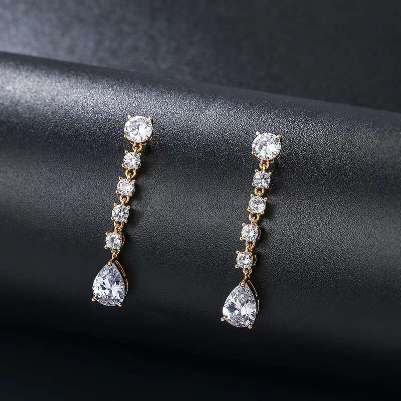 New Arrival Exquisite Teardrop Cubic Zirconia CZ Zircon Crystal Wedding Bridal Long Drop Earrings in 14K Gold Plated