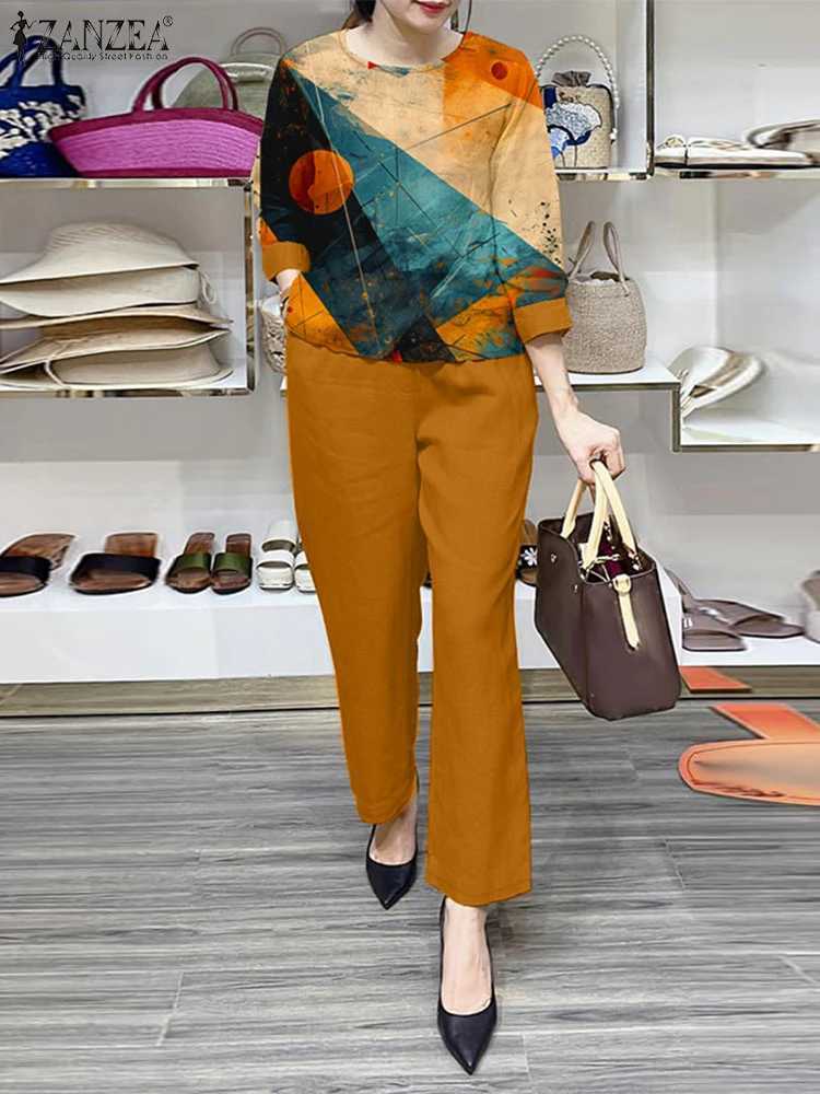 ZANZEA Ele Women Work Pant Sets Fashion 3/4 Sleeve Floral Blouse Trousers Suits 2PCS Casual Tracksuit Two Piece Sets Outfits W250628