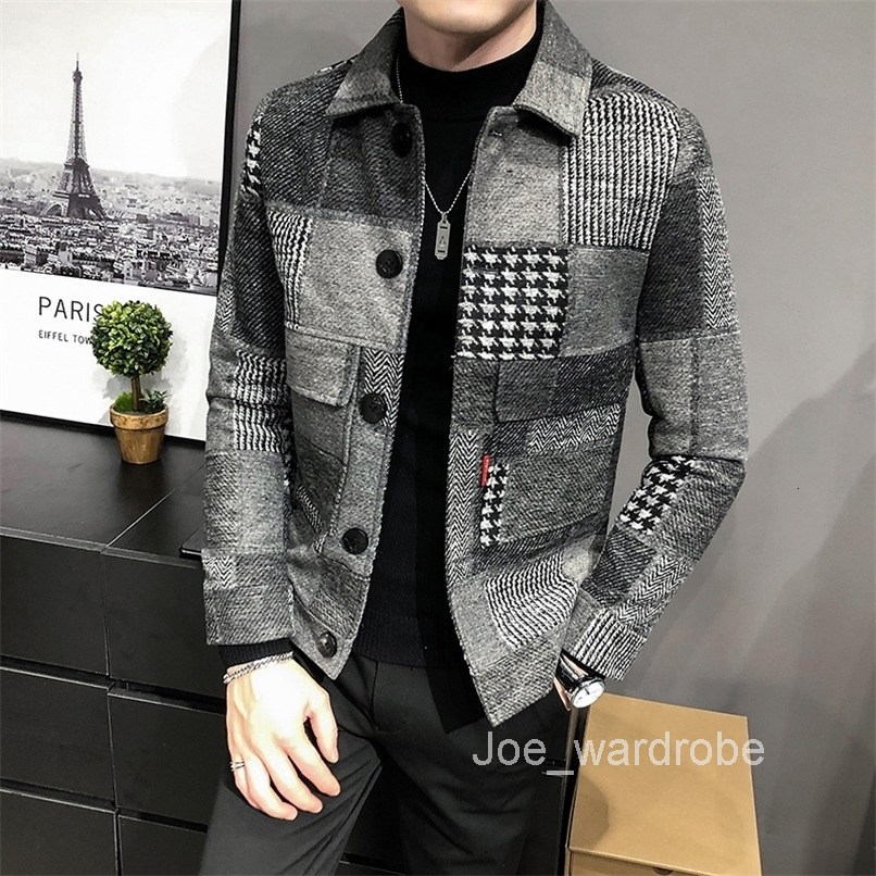 Mens Jackets Hombre Korean Casual Men Stitching Slim Fashion Warm Longsleeved Plaid Gentleman Pockets Coat S3XL