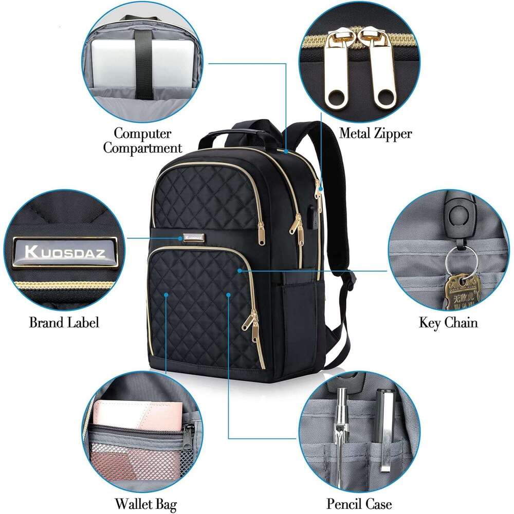 Kuosdaz Backpacks Women, Teen Girls, 15.6 Inch Cute Quilted Laptop Backpack with USB Charging, Large Bookbag for Middle School College Students, Black