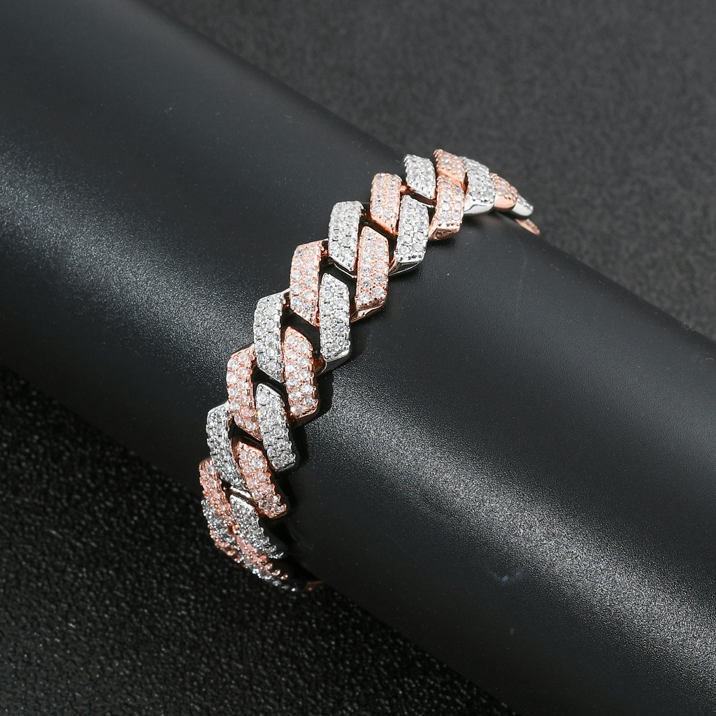 14MM Bar Dense Cuban Chain Two-Tone Moissanite Real Gold Electroplated Men's Iced Out Bracelet Passes the Diamond Tester