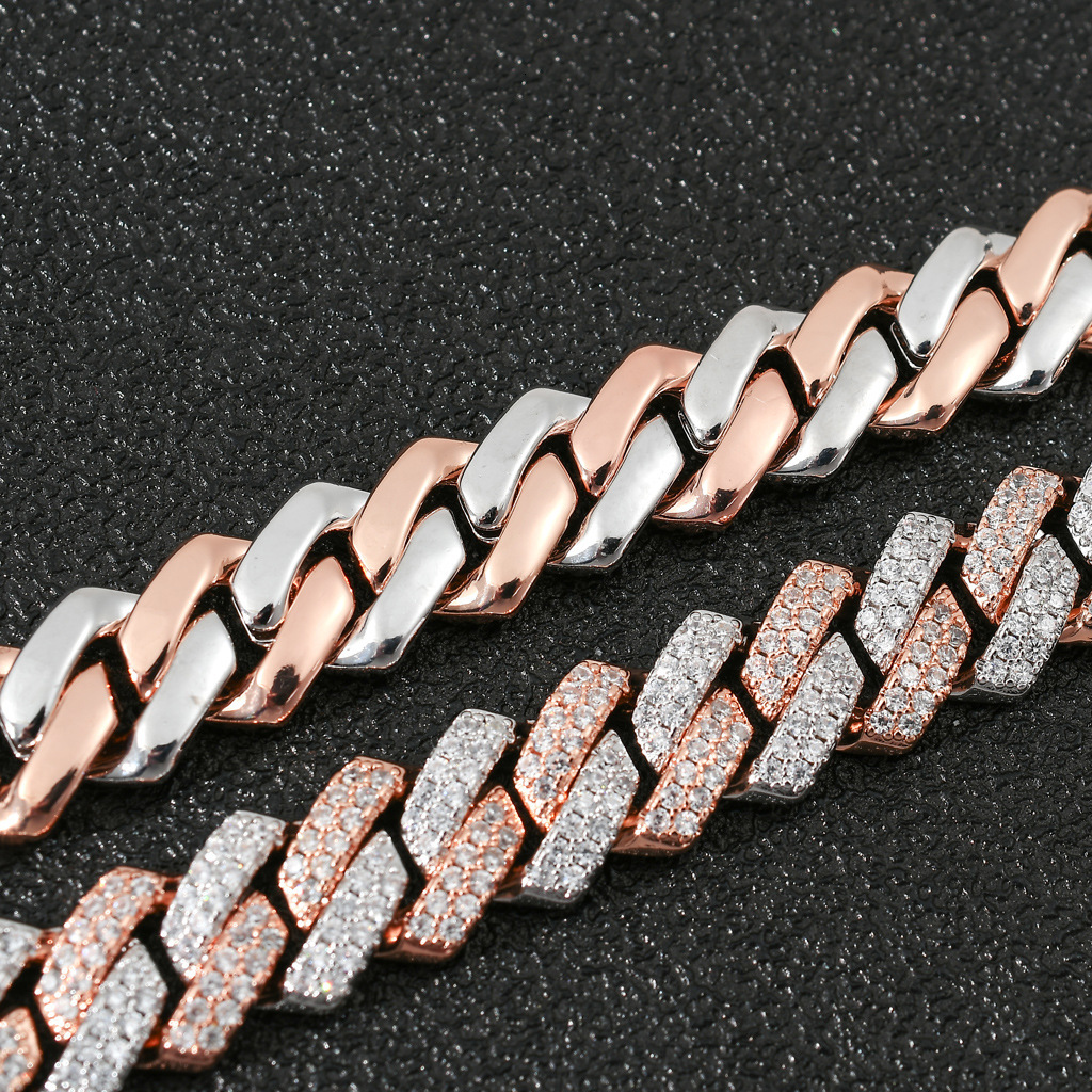 14MM Bar Dense Cuban Chain Two-Tone Moissanite Real Gold Electroplated Men's Iced Out Bracelet Passes the Diamond Tester
