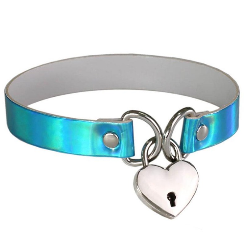 Love Heart Lock Pendant Laser PU Leather Choker Necklace Collar Sub Slave Necklaces with Key Women Statement Jewelry Girlfriend Valentine Gift