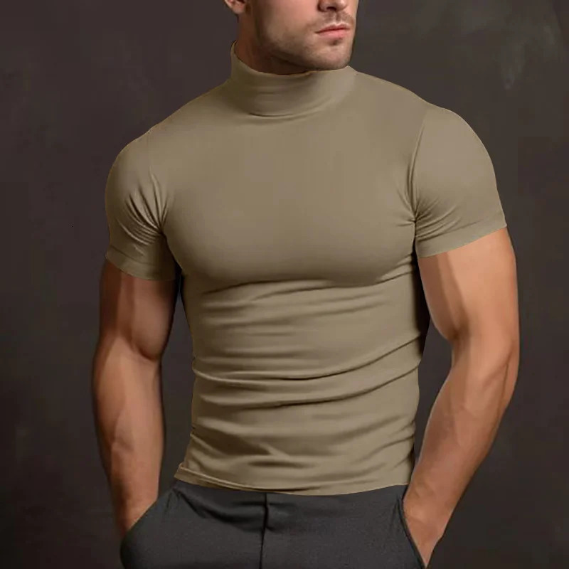 mens T-shirt Sport leisure running gym High Collar shirt training elastic quick drying short sleeve T-shirt men Tight tops 250628