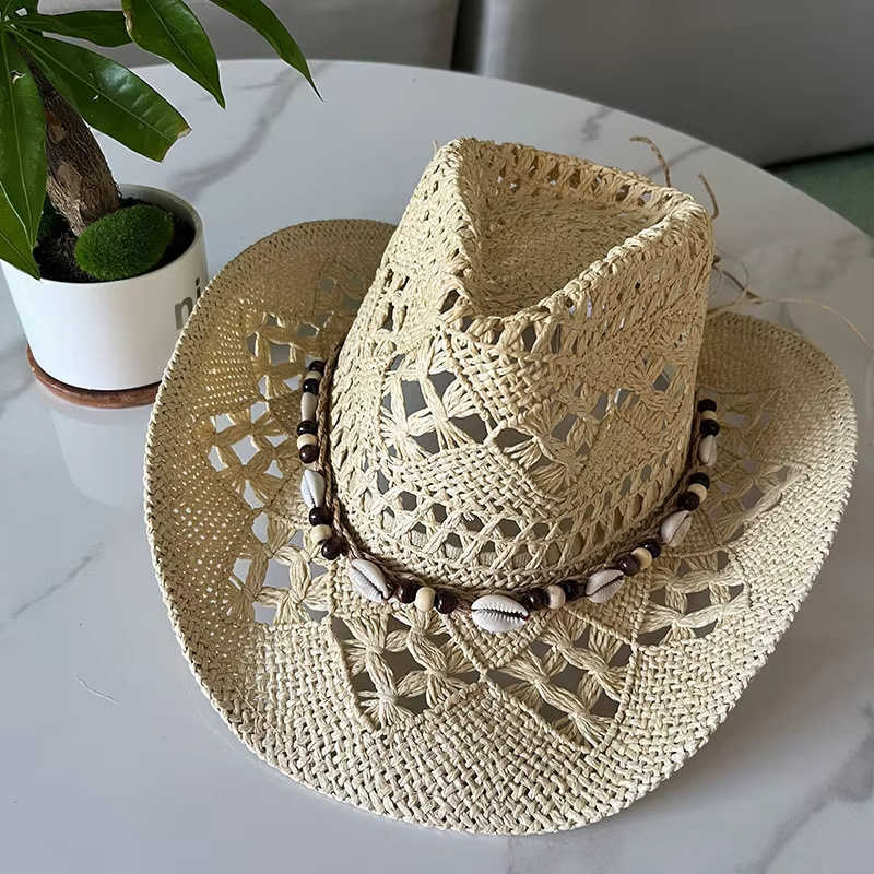 Cowboy hat fashion hollow handmade cowboy straw hat mens summer outdoor travel beach hat unisex solid color western cowboy hat X250329