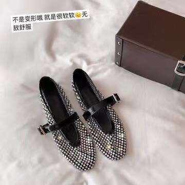 Grape Mom Internet Celebrity Same Style New Broken Dream Glass~ Shiny Rhinestone One-Strap Shallow Mouth Mary Jane Shoes for Women