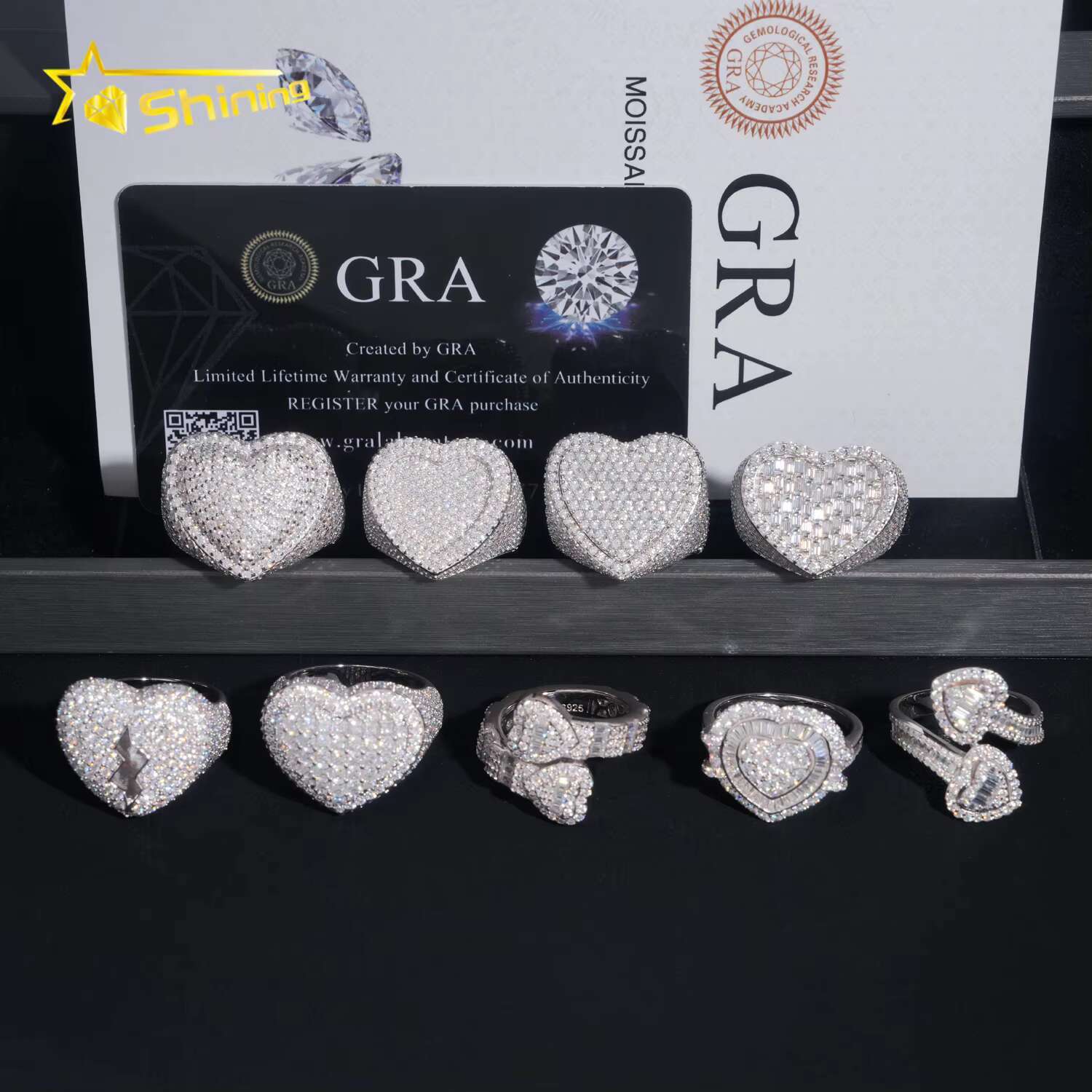 Stocks Fine Jewelry 925 Sterling Silver Gold Plated Ice Out Men Rings Heart Shape VVS Moissanite Hip Hop Ring