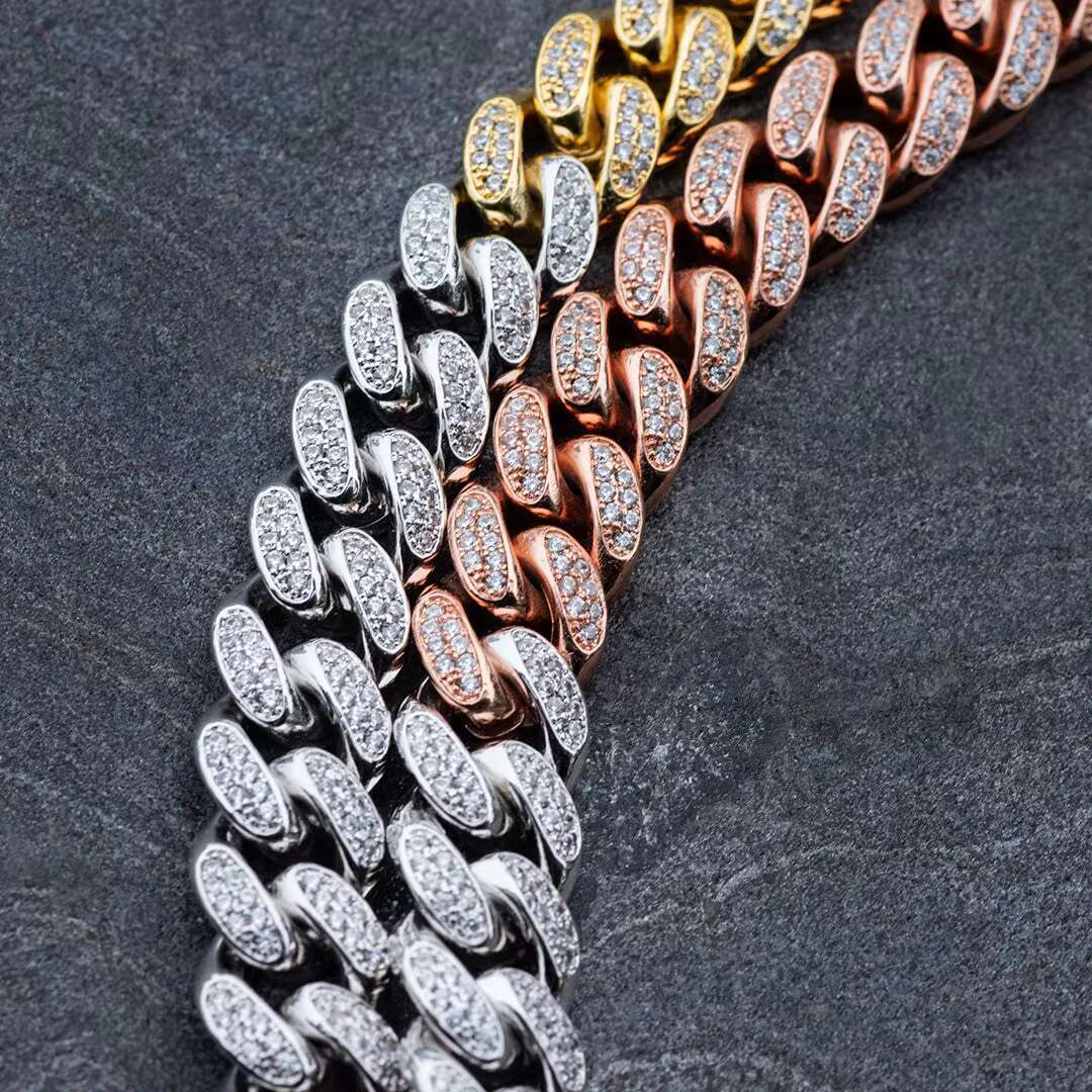 12MM Tri Colored Miami Cuban Link Moissanite Diamond Chains White Yellow Rose Gold Cuban Chains for Sale From India