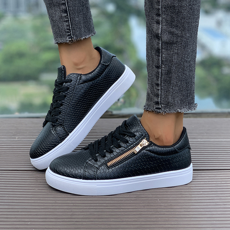 Women's Flat Sneakers Lightweight Comfortable Women's Board Shoes Fashion Hundred Snakeskin Pattern Side Zipper White Casual Shoes