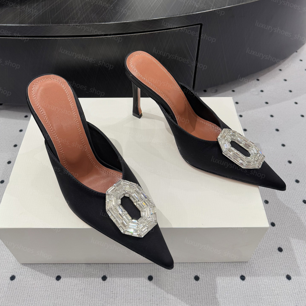 New Crystals-Embellished stiletto heel slip on Mules silk sandals Slipper spool Heel point toe shoes women's Luxury Designer Evening Party shoe factory footwear