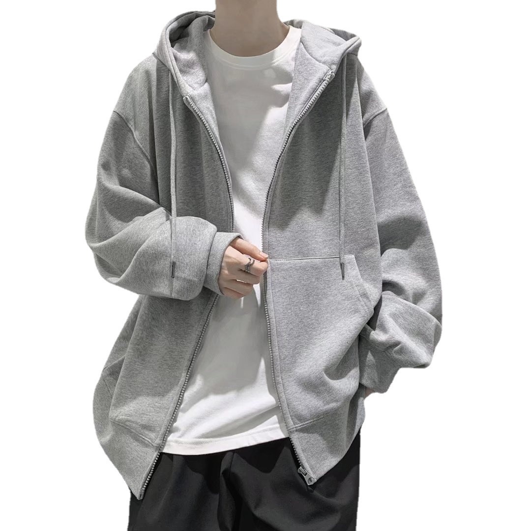 Cardigan Hoodie Sweatshirt for Men, Autumn New Korean Style Trendy Top, Loose Casual Solid Color Jacket