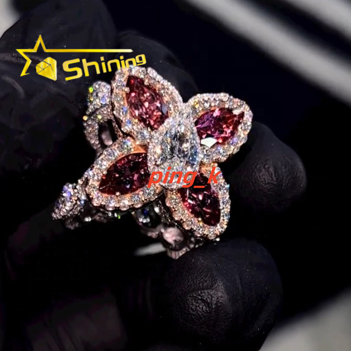 Custom Made New Arrivals Hip Hop Jewelry 925 Silver Colorful Diamond Clover VVS Moissanite Diamond Custom Ring for Men Women