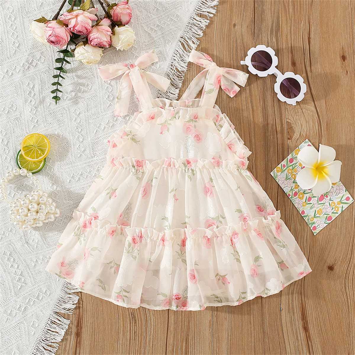 Summer Girls Dress Strap Chiffon Cool Beach Skirt Beautiful Fragmented Flower Ladies Fashion Bow Sleeveless Skirt R250707