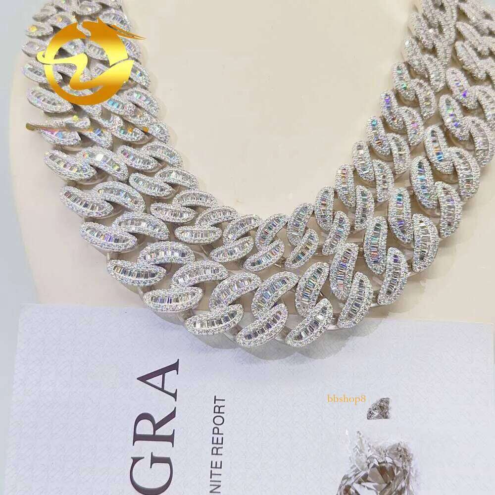 moissanite cuban link chain 22mm Moon Shape Baguette Ice Out Sterling Sier Miami Chain Necklace