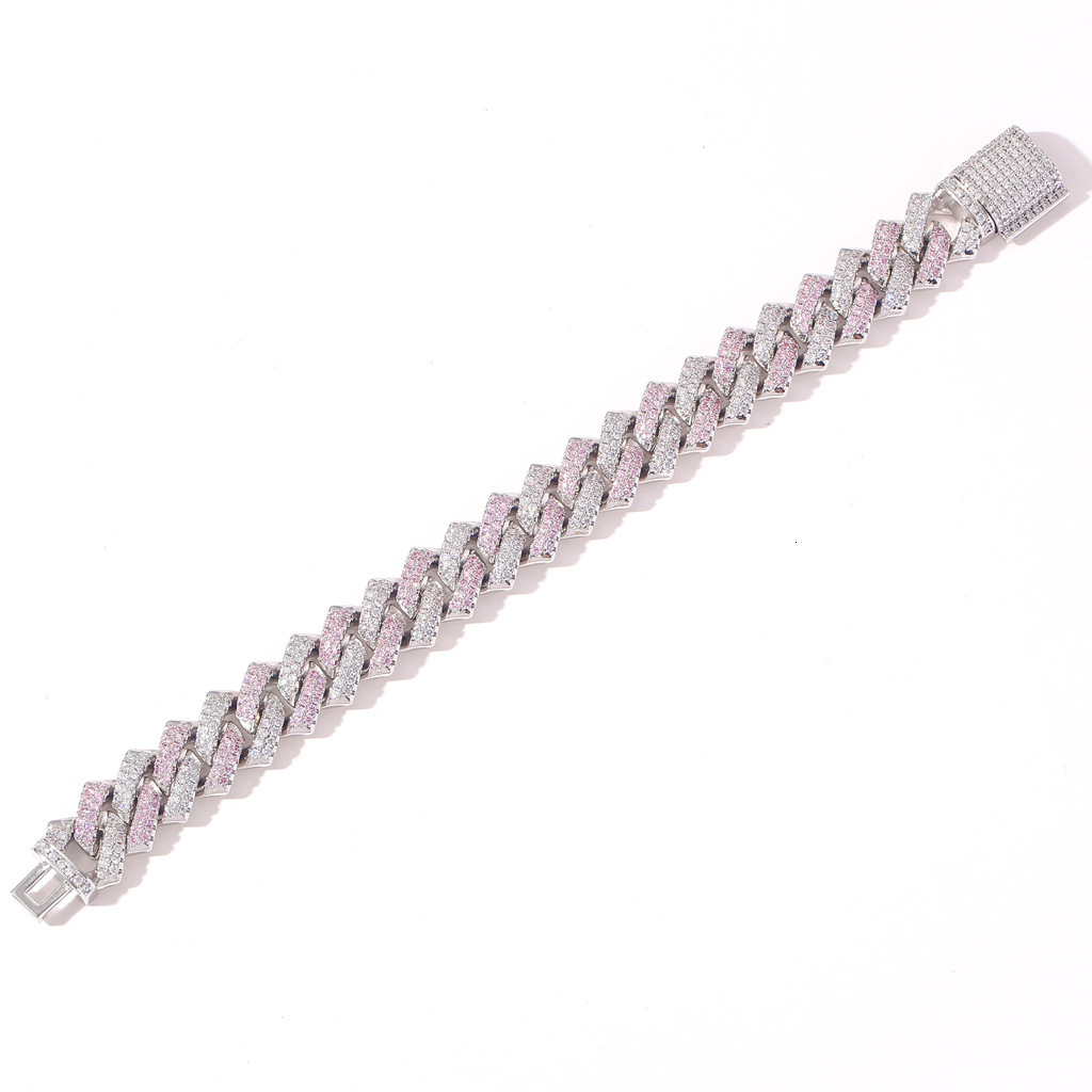 14mm Iced Out Pink White VVS Moissanite Bar Striped Cuban Link Bracelet Hip Hop Bling Trendy Statement Piece Pass the diamond tester