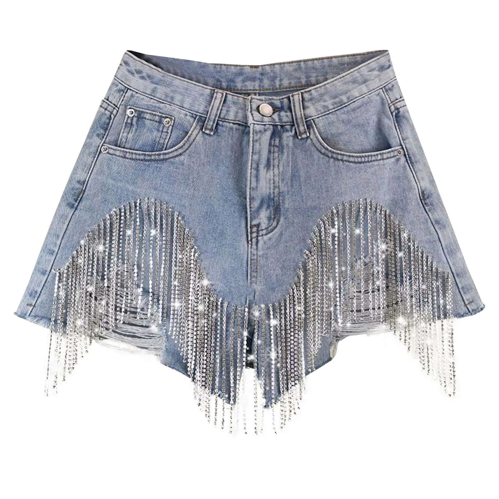 Summer Woman Clothes Ripped Jeans Short High Waist Diamond Tassel Bottoms For Ladies Denim Shorts Sexy Pants 250625