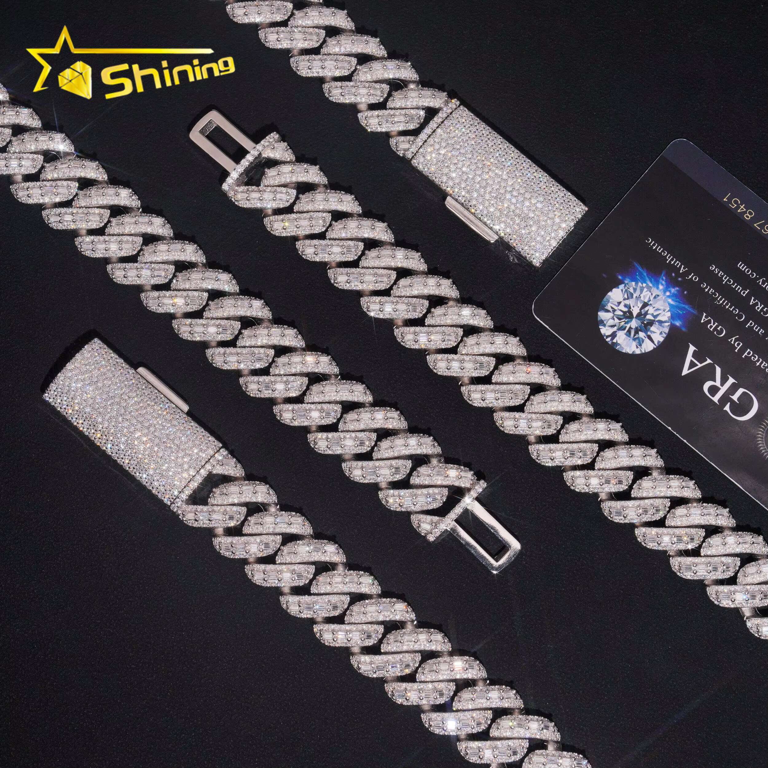 Baguette Moissanite 18mm Necklace Fine Jewelry VVS Iced Out Moissanite Pass Diamond Test 925Silver Gold Hip Hop Cuban Link Chain