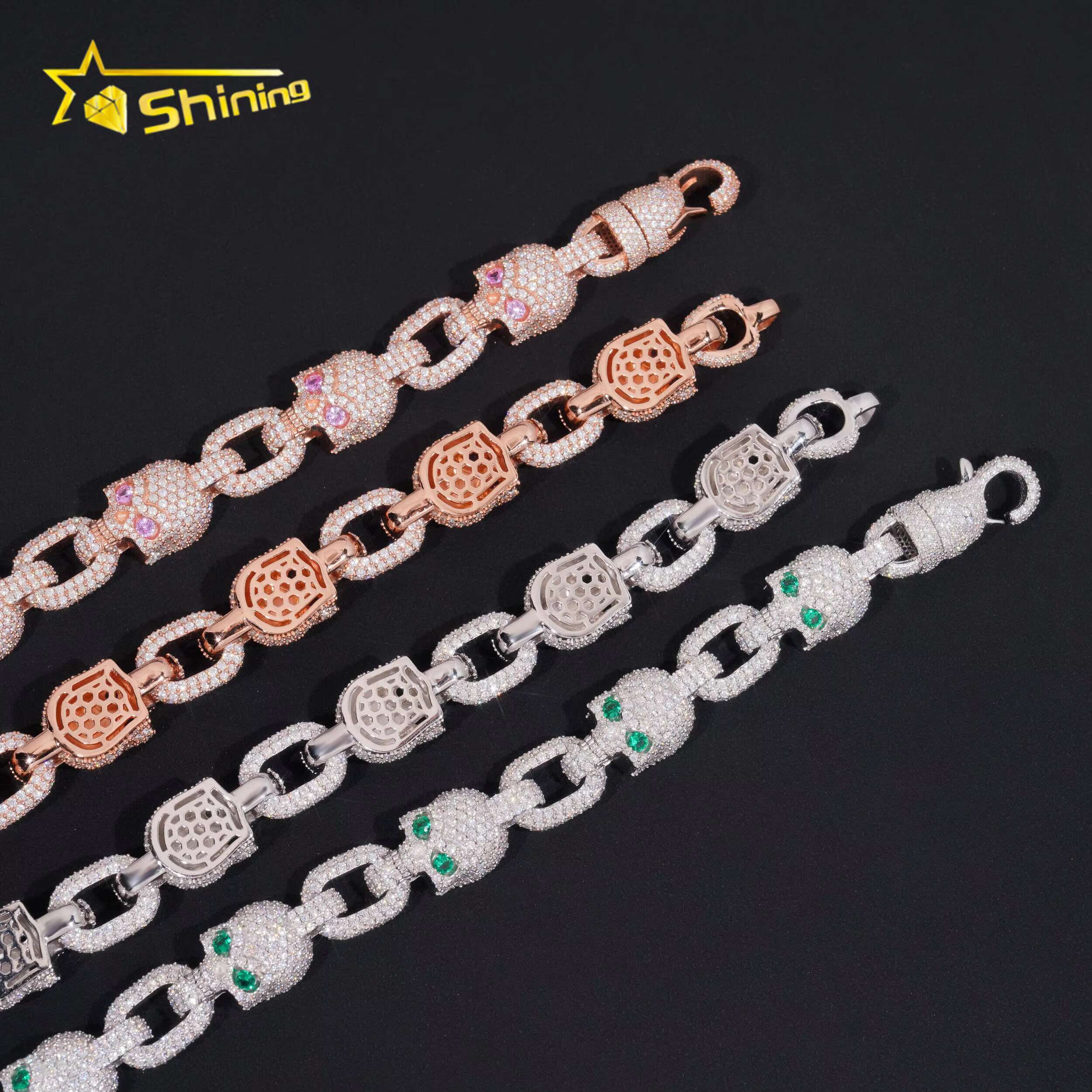 Bling Hip Hop Jewelry 15mm Solid 925 Sterling Silver Gold Plated GRA Custom Skull Iced Out Moissanite Cuban Link Chain Bracelet